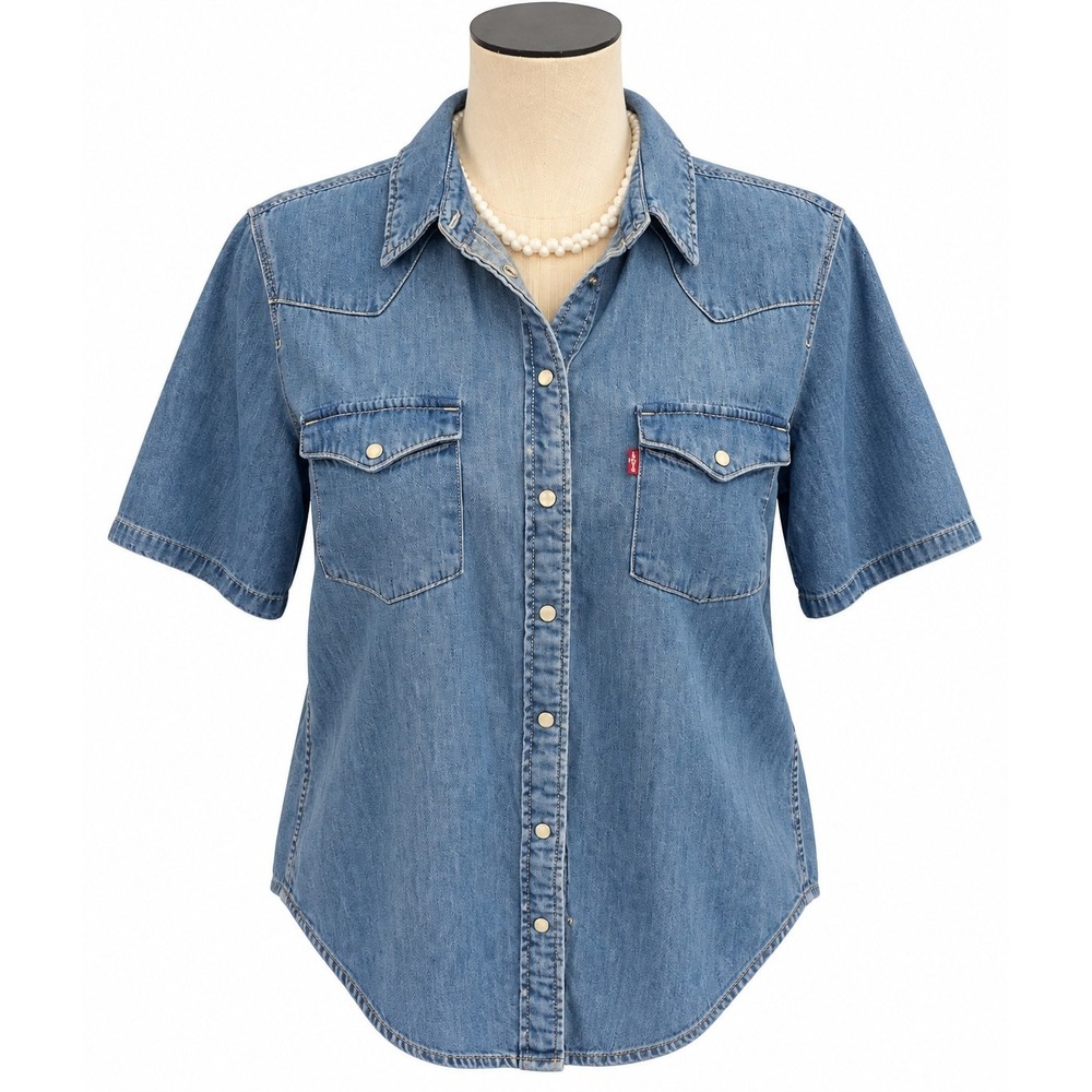 Levi's Denim Short Sleeve Shirt Western Pearl Snap Buttons Women's Size Large